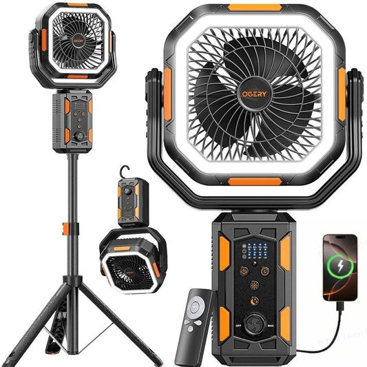 🏕️ 4-i-1 Campingfläkt – Fläkt, LED-lampa & Powerbank i Ett