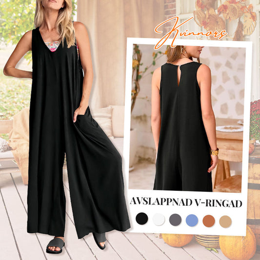 💃🏻50 procent rabatt🔥Kvinnors Avslappnad V-ringad Ärmlös Byxdress med Vida Ben