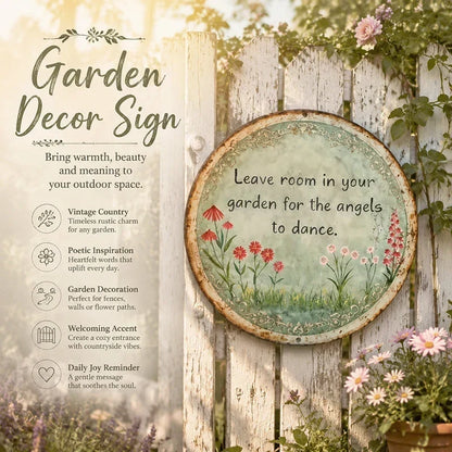 🌸 50 % RABATT NU! 🌿 Rund Trädgårdsskylt i Metall – “Leave Room in Your Garden for the Angels to Dance” ✨