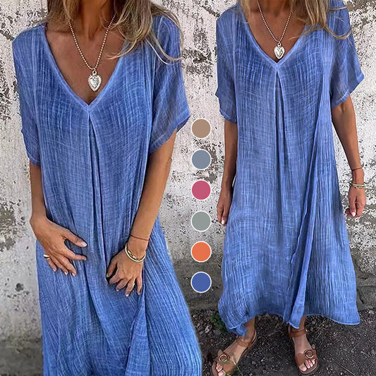 ⌛Reducerad med 67% 🔥💕Lös V-ringad klänning i bomullslinne för kvinnor