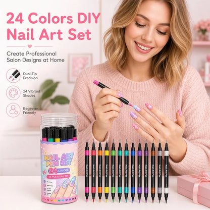 💅 24 Färger Nagelpennor – 12 Dubbelsidiga Pennor för Kreativ Nageldesign ✨