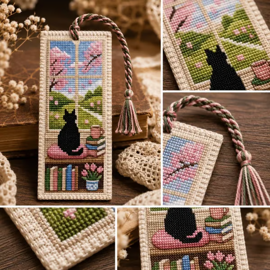 🐈Köp 1, få 1 gratis📚 DIY Bokmärke med Korsstygn – Fyra Årstider Katt vid Fönstret ✨ Ett Mysigt Handarbete för Bokälskare