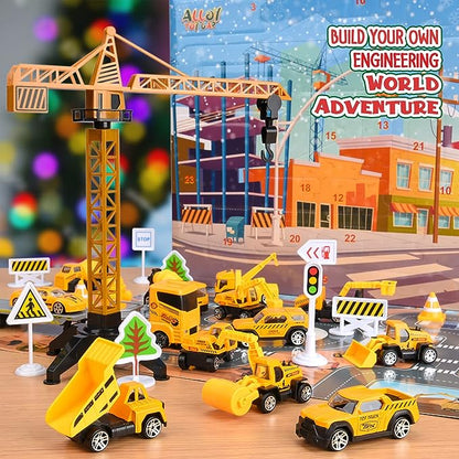 🎁🏗️ 50 % RABATT NU! 🚛 Byggfordon Adventskalender – 24 Överraskningar med Diecast-Modeller & Rolig Ingenjörslek 🎄✨