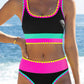🌼Bikini i sportigt 3-delat nylon med färgblock och lappmönster - Hög midja och magkontroll👙🌈