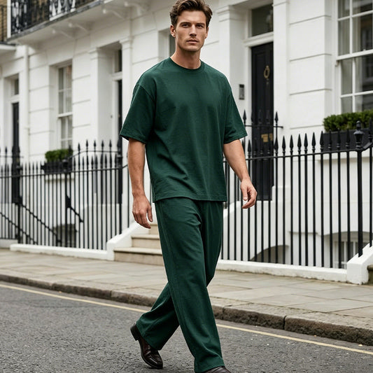 👕 Herr Casual Loose T-shirt & Vida Byxor 2-Delat Set