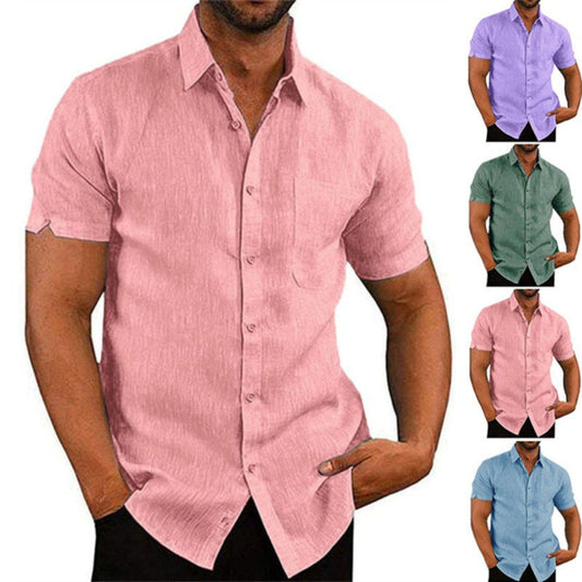 👔Men's Shirt With Solid Color Lapel And Short Sleeves