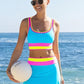 🌼Bikini i sportigt 3-delat nylon med färgblock och lappmönster - Hög midja och magkontroll👙🌈