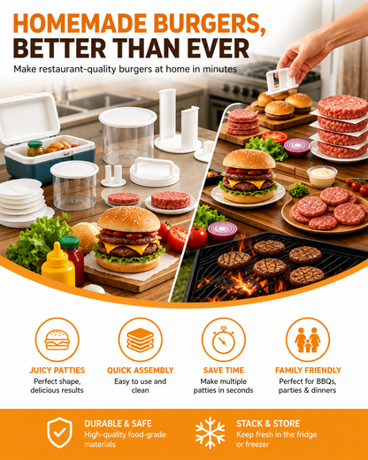 🔥🍔 50 % RABATT NU! Hamburgerpress med Förvaring – Forma Jämna Hemgjorda Burgarbiffar, Stapla & Förvara Enkelt ✨