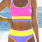 🌼Bikini i sportigt 3-delat nylon med färgblock och lappmönster - Hög midja och magkontroll👙🌈