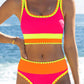 🌼Bikini i sportigt 3-delat nylon med färgblock och lappmönster - Hög midja och magkontroll👙🌈