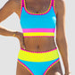 🌼Bikini i sportigt 3-delat nylon med färgblock och lappmönster - Hög midja och magkontroll👙🌈