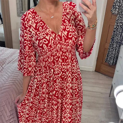 ⌛64 procents minskning 🔥🔥Casual Print V-Neck Midja Omlott Långklänning