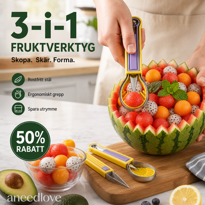 🍈✨ 3-i-1 Fruktverktyg – Melonkula, Skär & Dekorera Frukt Enkelt