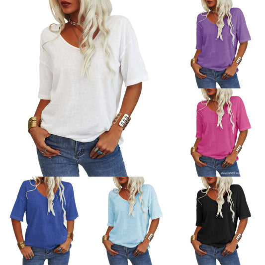 💖2025 Sommar Hot Sale 50% OFF👚Den enfärgade V-Neck T-shirten för kvinno