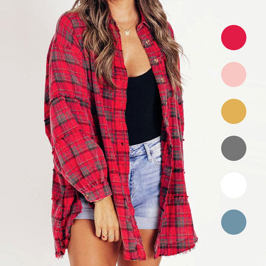 💥Rea 54% rabatt💕Damsömmar Raw Edge Washed Oversized Skjorta Jacka med fickor