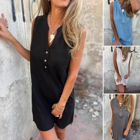 👗🔥 50% RABATT! Ärmlös V-ringad Klänning med Fickor