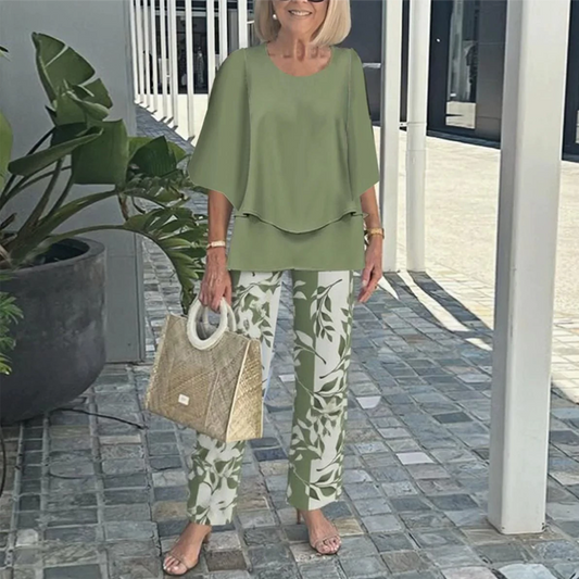 💃✨Set med tryckta byxor och rundhalsad topp för kvinnor