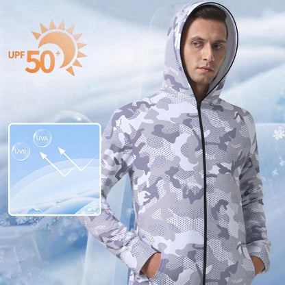Sista 1 veckan köp 2 få 1 gratis!⌛Utomhus Solskydd Camouflage Hooded Långärmad Jacka med hel dragkedja