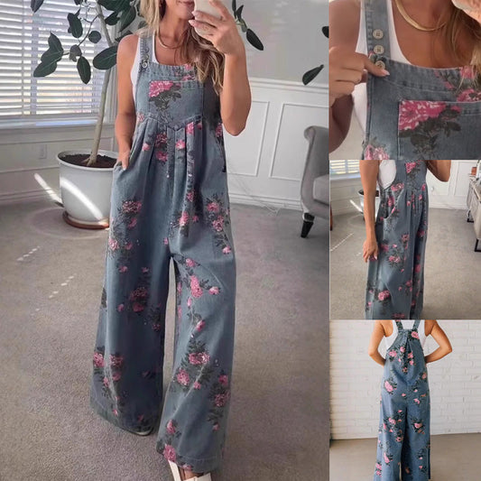 💖Avslappnad jumpsuit i tryckt denim för kvinnor