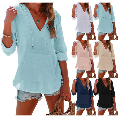 👚✨ 50% RABATT! Enfärgad V-ringad Långärmad Topp Med Huva & Fickor – Bekväm & Trendig Stil 💖