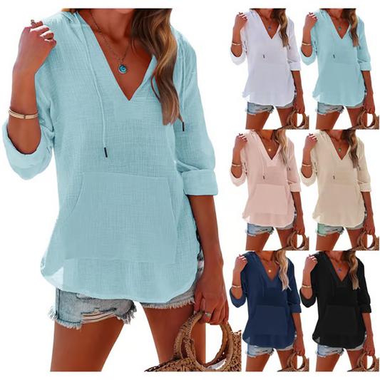 👚✨ 50% RABATT! Enfärgad V-ringad Långärmad Topp Med Huva & Fickor – Bekväm & Trendig Stil 💖