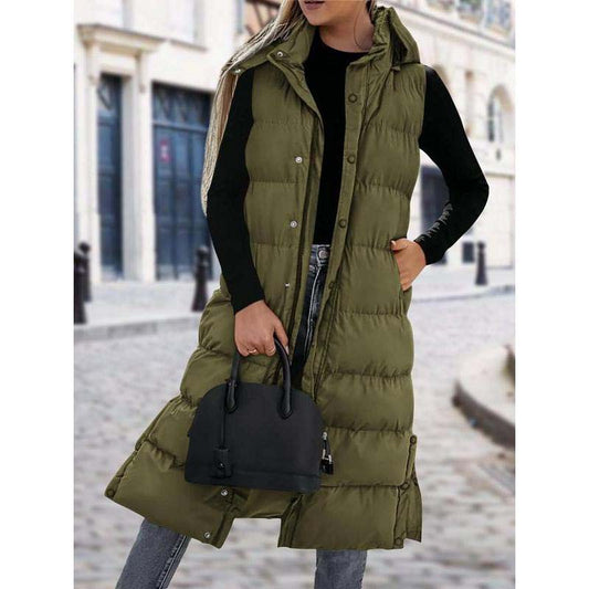 🔥Tidsbegränsat erbjudande: 62 % rabatt!🔥 Women's Long Puffer Vest | Quilted Hood & Button Closure ❄️