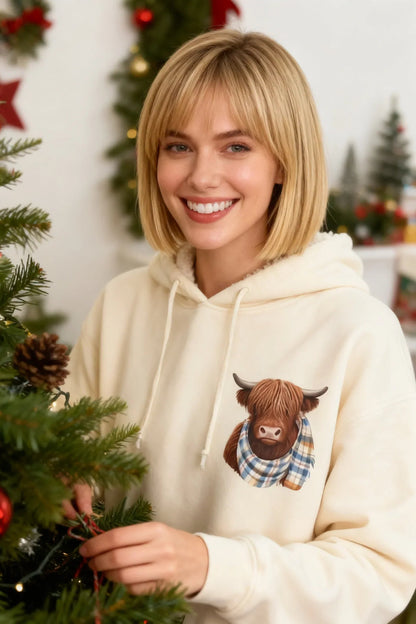 🎄🎅JULREA 50 % RABATT!!🎁Söt fleecefodrad huvtröja med huva med motiv av en höglandsko🦬