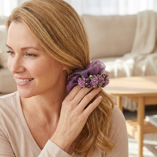🎀 50% RABATT! 🌸 Elegant Organza-Hårsnodd med Blommönster – Mjuk, Skonsam mot Håret & Perfekt för Bröllop och Fest ✨