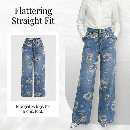 🌸 Raka Jeans med Blommönster för Dam – Trendigt Tryck, Bekväm Passform & Perfekt För En Färgstark Look 💙