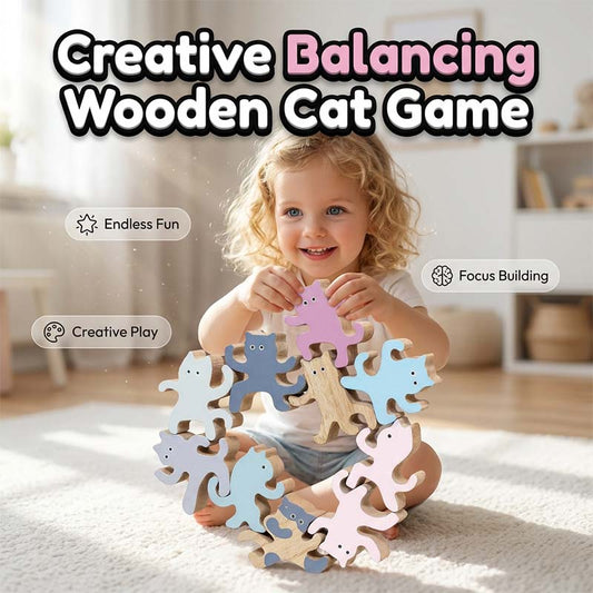 Wooden Cat Stacking Blocks Balancing Game