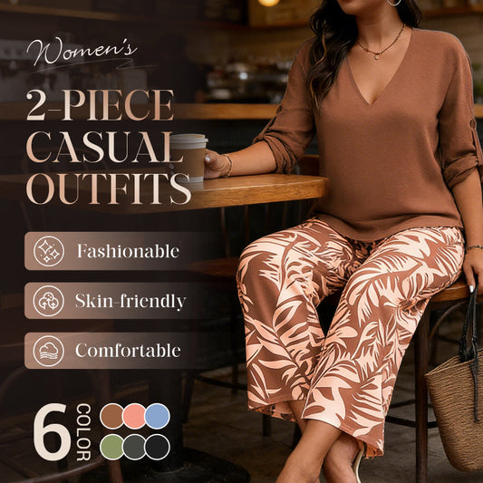 👗✨ 50% RABATT! Set Med V-ringad Damblus & Mönstrade Vida Byxor – Elegant & Bekvämt Tvådelat Set 🌸