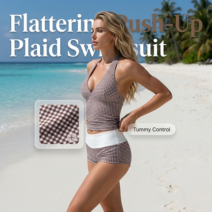 🎉Limited Sale🎉Women's Checkered Swimsuit Set with V-neck Top and Shorts