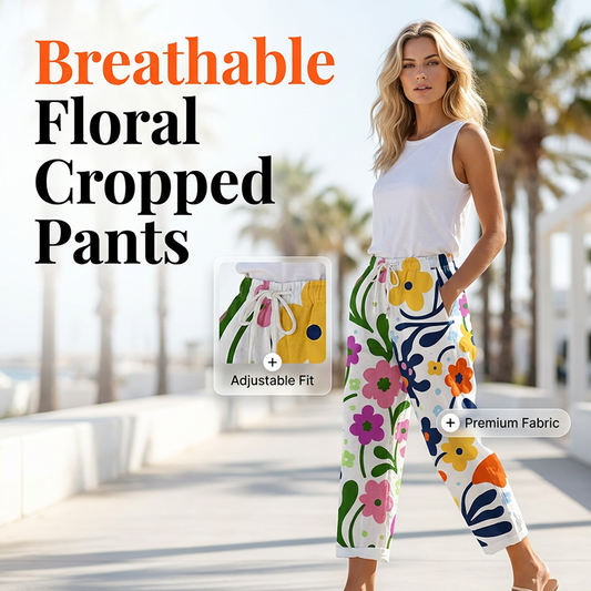 👖🌸 Blommiga cropbyxor med dragsko och fickor