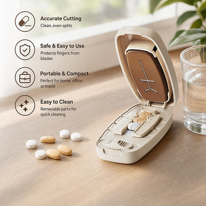 💊 50 % RABATT NU! ✂️ Bärbar tablettdelare – delar i 2 eller 4 delar – kompakt design – perfekt för resan och hemmet 🧳