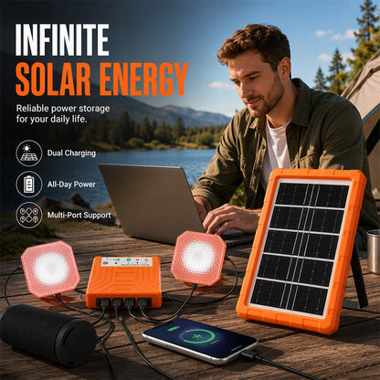 🔥 50 % RABATT NU! ☀️ Bärbart solenergisystem – 2400 mAh batteri & LED-lampor 🔋💡