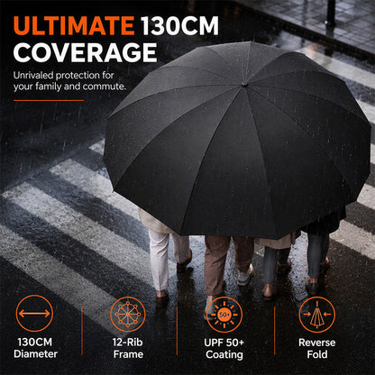 ☔ Extra stort paraply 130 cm – vindtålig design med 12 förstärkta ribbor
